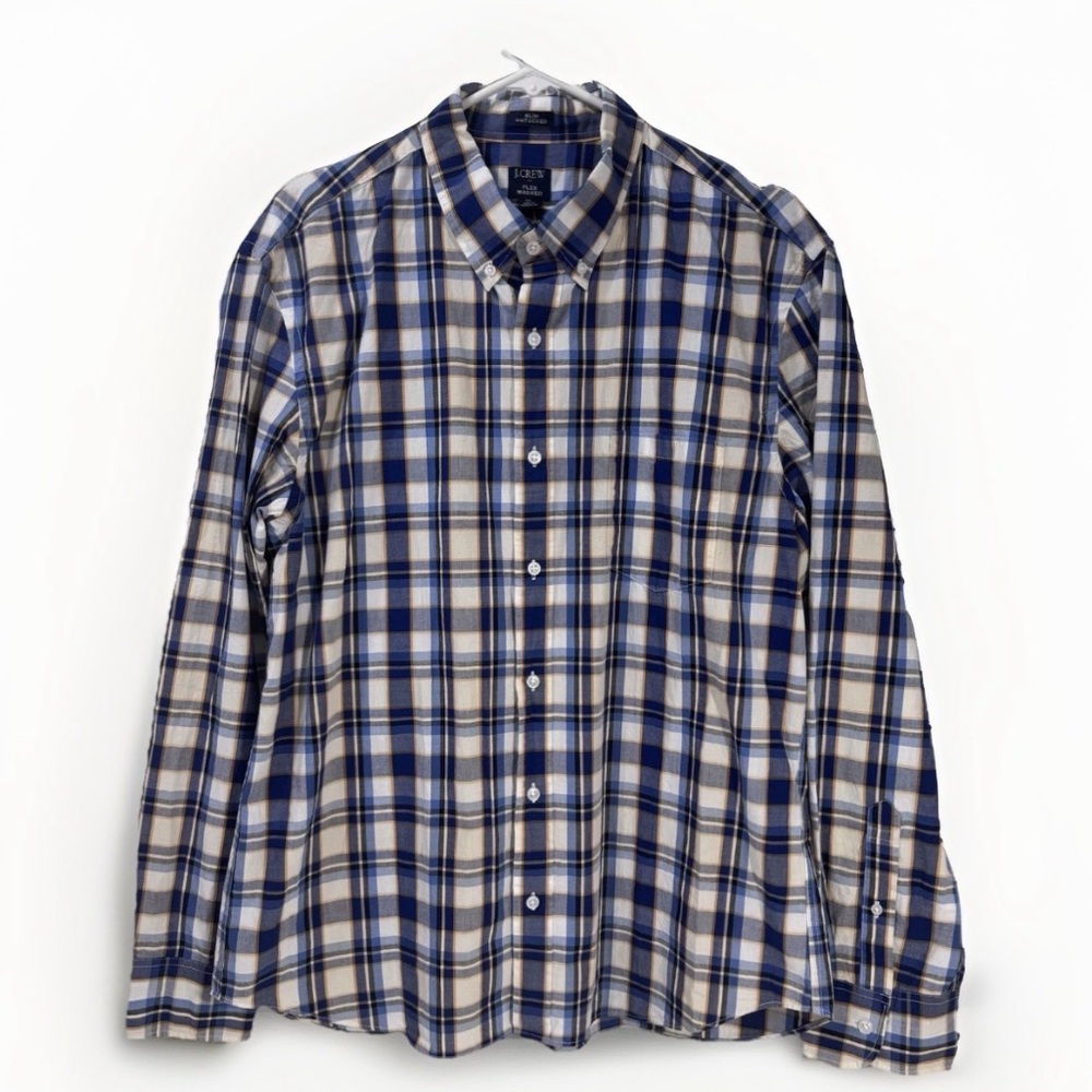 J.Crew Flex Washed Slim Shirt Men XL Blue Plaid Button-Down Preppy Office Casual